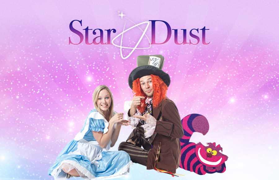 Two entertainers dressed as Alice and the Mad Hatter from Alice in Wonderland are sitting down in a glittery graphic for Star Dust Kids Entertainment. An illustration of the Cheshire Cat is next to them, and images of smiling children are visible in the foreground