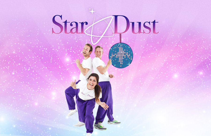 Three entertainers in matching white shirts and purple pants are featured in a glittery graphic for Star Dust Kids Entertainment, holding props including a hula hoop and a light saber. Illustrations of a magic hat with a bunny, the moon, stars, and images of smiling children are in the foreground