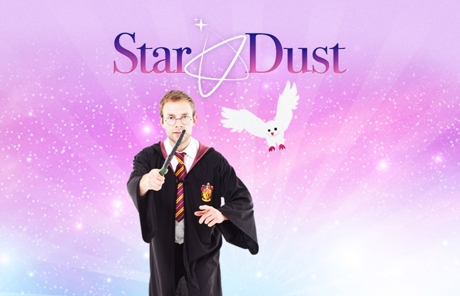 A man entertainer is dressed as Harry Potter in a robe and tie, holding a wand, and is featured in a glittery graphic for Star Dust Kids Entertainment. An illustration of a white owl and images of smiling children are visible in the foreground