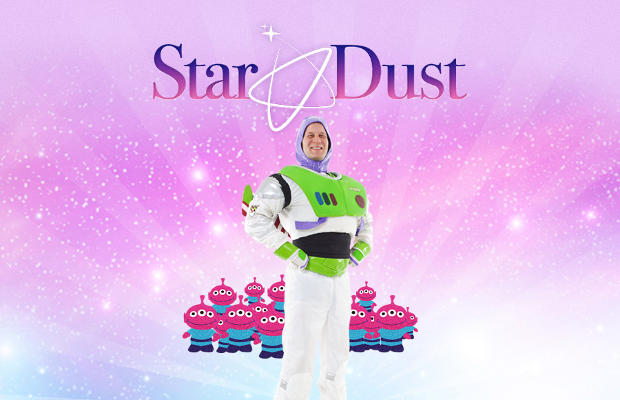 A man entertainer dressed as Buzz Lightyear from Toy Story is featured in a glittery graphic for Star Dust Kids Entertainment, standing above a group of animated Alien characters and images of smiling children in the foreground