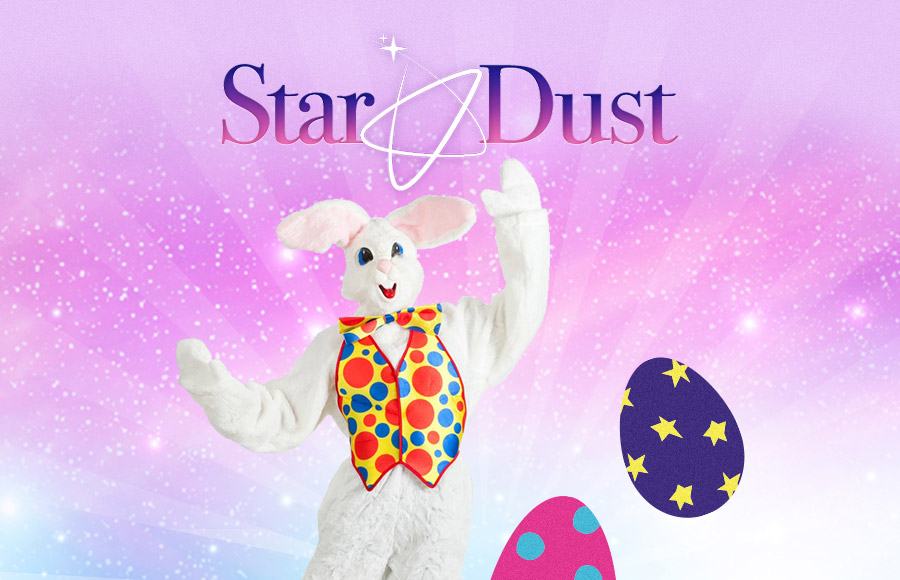A mascot entertainer dressed in a white Easter Bunny costume with a polka-dot vest is featured in a glittery graphic for Star Dust Kids Entertainment, with two decorated Easter eggs and images of smiling children in the bottom left corner