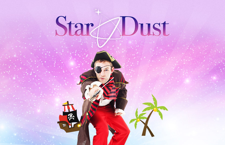 A man entertainer dressed as a pirate with an eye patch and a sword is featured in a glittery graphic for Star Dust Kids Entertainment, with an illustration of a pirate ship, palm trees, and images of smiling children in the foreground