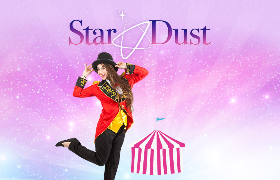 A woman entertainer dressed as a ringmaster or circus performer in a red and gold jacket and black top hat is featured in a glittery graphic for Star Dust Kids Entertainment. An illustration of a striped circus tent and images of smiling children are visible in the foreground