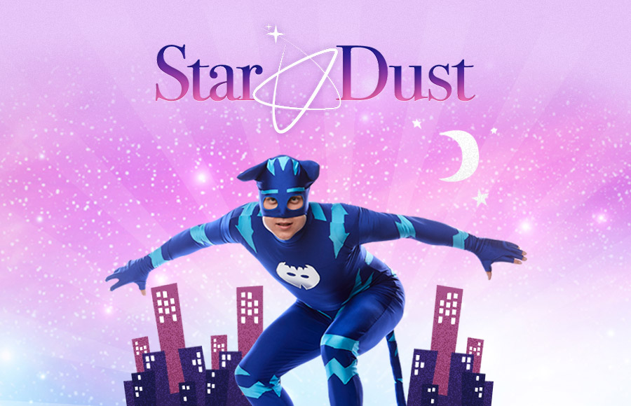 A male entertainer dressed as Catboy from PJ Masks is featured in a glittery graphic for Star Dust Kids Entertainment, posing in front of a dark cityscape silhouette with the moon and stars, and images of smiling children in the foreground
