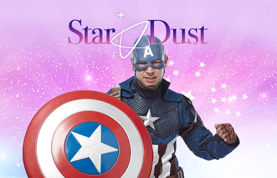 A man entertainer dressed as Captain America, holding a large circular shield, is featured in a glittery graphic for Star Dust Kids Entertainment, with small stars scattered in the background