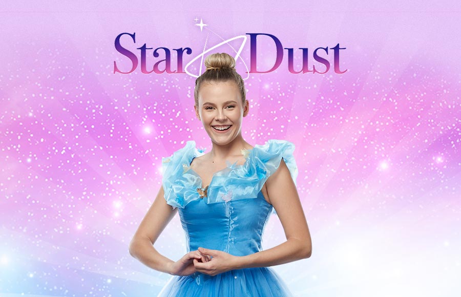 A woman entertainer dressed as Cinderella in her blue ballgown is featured in a glittery graphic for  Star Dust Kids Entertainment, with a cartoon pumpkin carriage illustration next to her