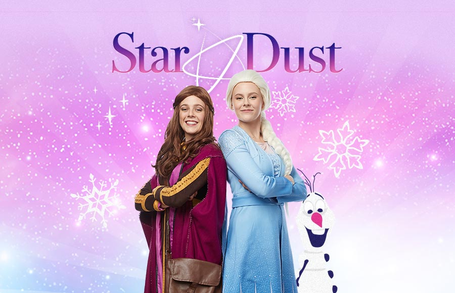 Two woman entertainers dressed as Anna and Elsa from the movie Frozen stand with their arms crossed,  with an image of the snowman Olaf and snowflakes next to them �