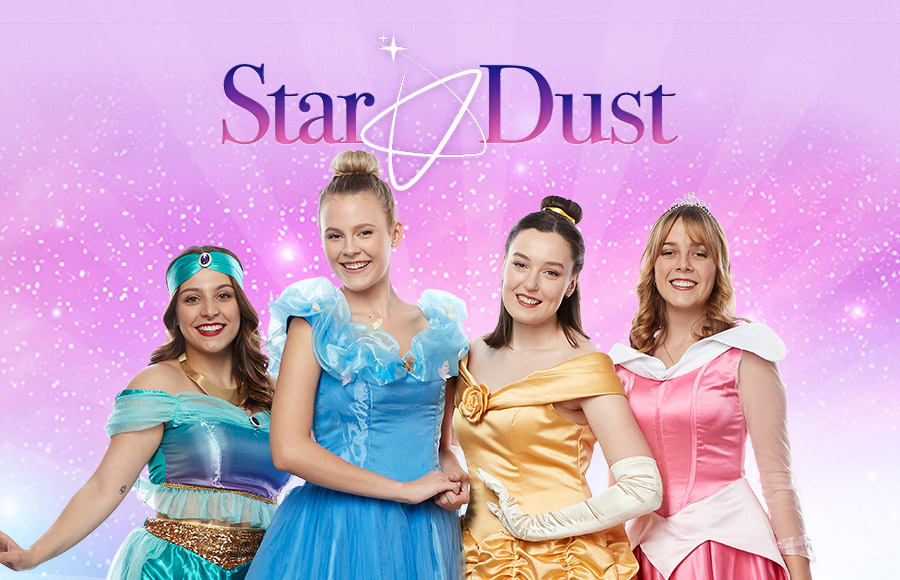 Four woman entertainers dressed as princesses: Jasmine (in green/teal), Cinderella (in blue), Belle (in gold), and Aurora/Sleeping Beauty (in pink). A cartoon pink castle, moon, and stars are illustrated in the background