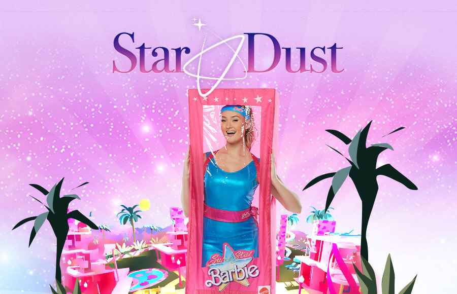 A woman entertainer dressed as the Barbie doll in the Magic box stands in the center of a vibrant, glittery graphic with palm trees